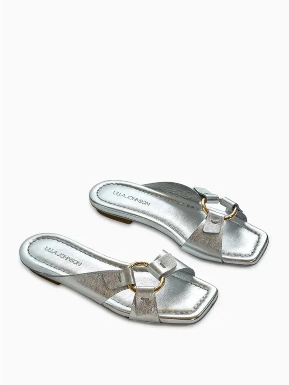 Ulla Johnson Silver Metallic Ring-Detail Slide Sandals